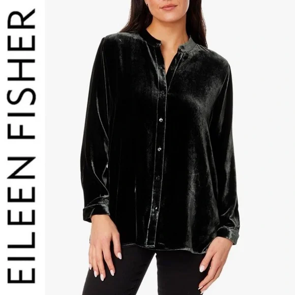 NWT Eileen Fisher Mandarin Collar Long Shirt Silk Ivy Crushed Velvet PL Petite L - Picture 16 of 16